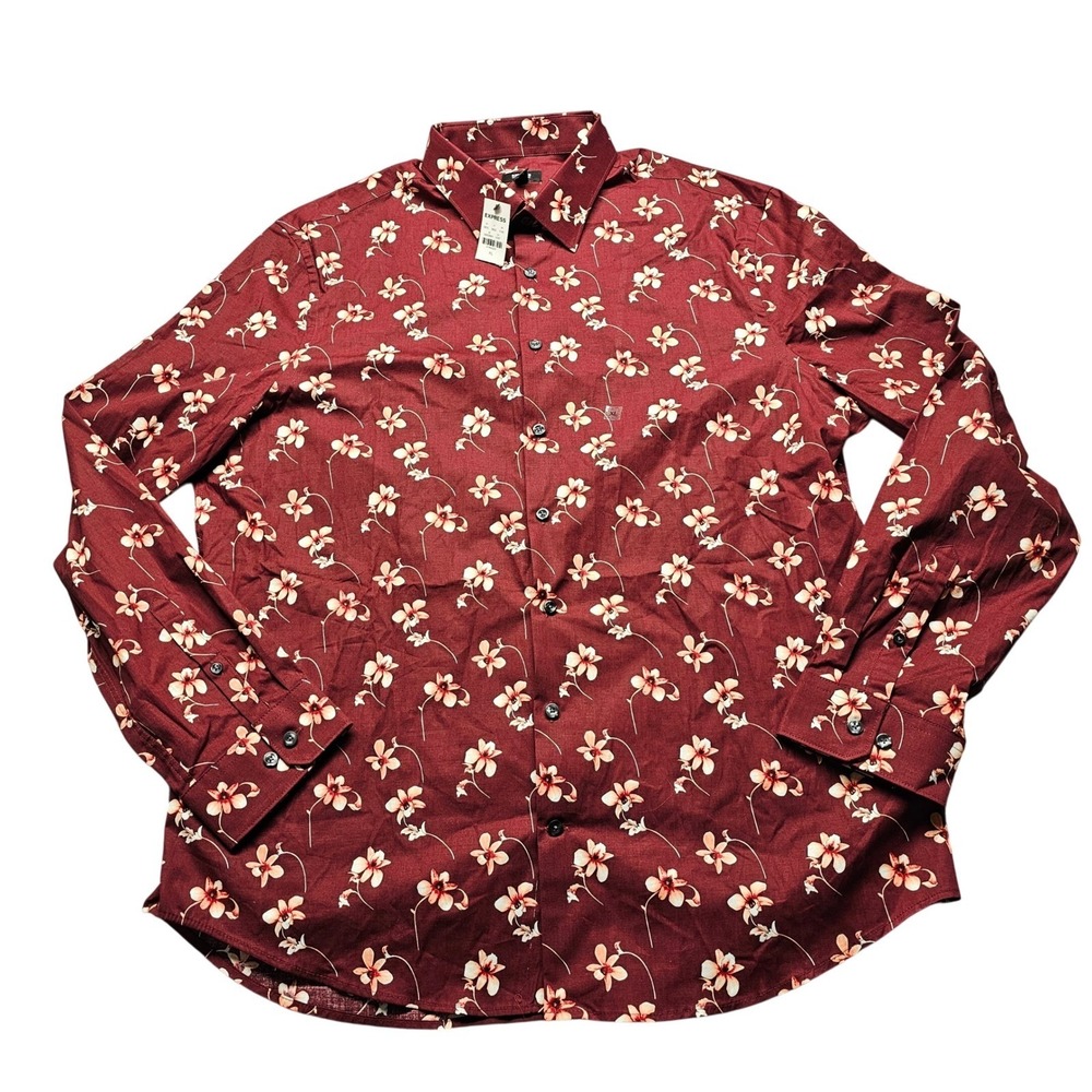 NWT Express Extra Slim 1MX Mens Size XL Floral Orchid Shirt Burgundy Long Sleeve